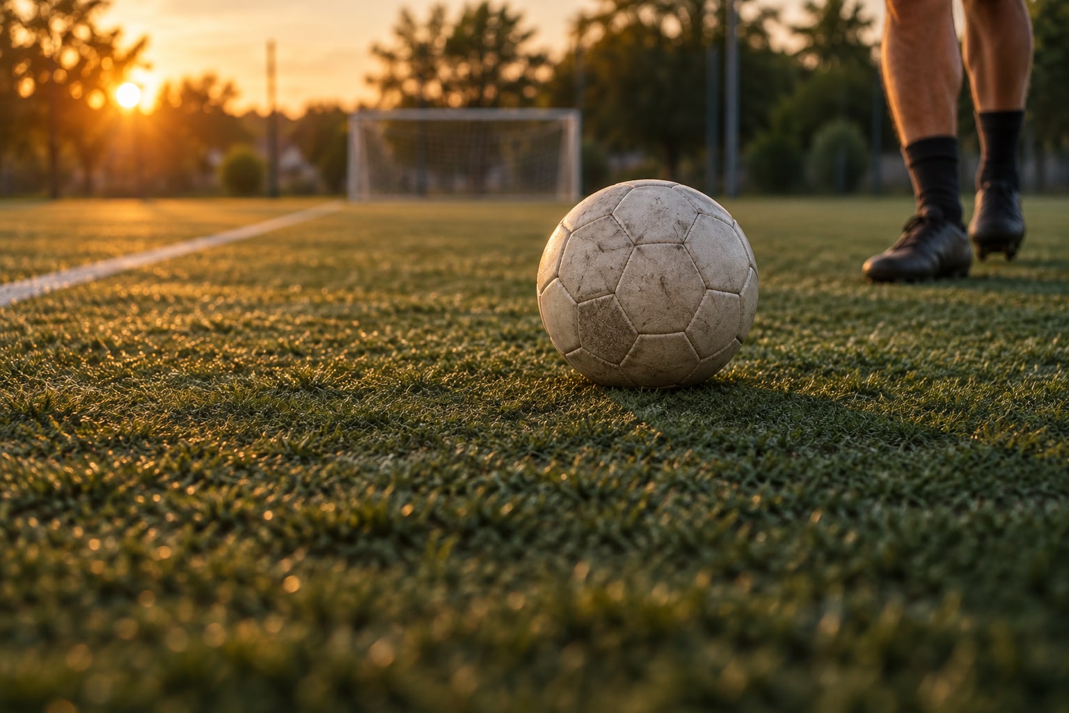 An unbranded soccer ball on a sunlit field; an illustrative soccer image